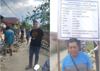 Plt. Lurah Aek Nauli, Febry Pakpahan, S.I.P., M.Si., sedang meninjau lokasi pengerjaan proyek.
(Kiri) & Berlatar plank proyek, Donal Sihite, Ketua Pokmas "Bersinar" Kelurahan Aek Nauli.
(Foto: MN)