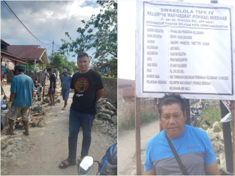 Plt. Lurah Aek Nauli, Febry Pakpahan, S.I.P., M.Si., sedang meninjau lokasi pengerjaan proyek.
(Kiri) & Berlatar plank proyek, Donal Sihite, Ketua Pokmas "Bersinar" Kelurahan Aek Nauli.
(Foto: MN)