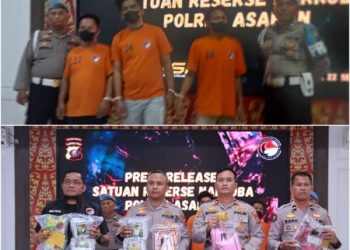 Kapolres Asahan AKBP Revi Nurvelani
saat menunjukkan barang bukti pada press release di Mapolres Asahan.(mass)