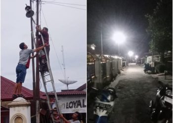 Saat warga memperbaiki lampu jalan (kiri), Suasana malam di Jalan S.K.I Gang Sentosa usai perbaikan lampu jalan (kanan). (Foto: Boy. N/Red)