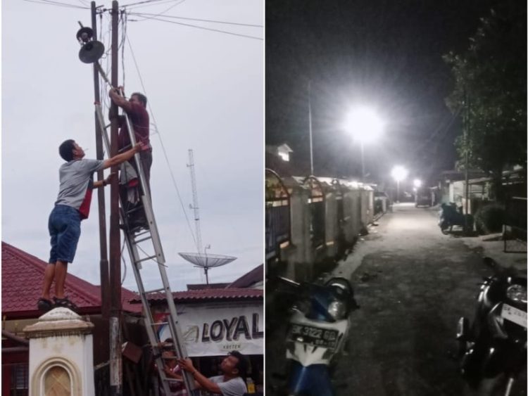 Saat warga memperbaiki lampu jalan (kiri), Suasana malam di Jalan S.K.I Gang Sentosa usai perbaikan lampu jalan (kanan). (Foto: Boy. N/Red)