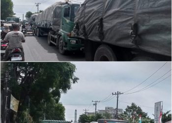 Kondisi jalan Ade Irma Kota Pematangsiantar saat truk pupuk melintas.