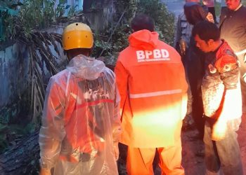 Petugas BPBD Kota Pematangsiantar saat berada disalah satu lokasi pohon tumbang ( Istimewa)