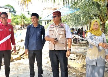 Kepala BPBD Kabupaten Simalungun Budiman Silalahi saat meninjau lokasi yang sering banjir di Serbelawan ( Diskominfo Simalungun )