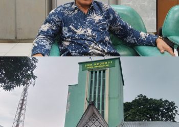 Kolase gambar atas Kepala SMK Negeri 1 Pematangsiantar, Lahat Viktor Sihar Sinaga, bawah gedung SMK Negeri I Kota Pematangsiantar ( Herry Sinaga )