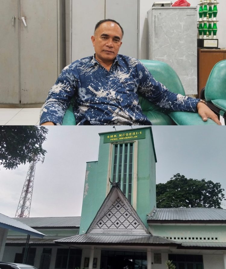 Kolase gambar atas Kepala SMK Negeri 1 Pematangsiantar, Lahat Viktor Sihar Sinaga, bawah gedung SMK Negeri I Kota Pematangsiantar ( Herry Sinaga )