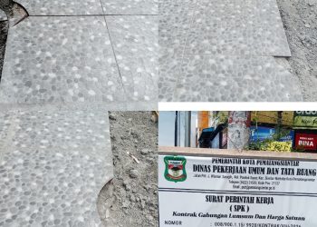 Proyek Jalan Sutomo Siantar yang masih dikerjakan keramik nya sudah pecah dan sompel. ( Herry Sinaga )