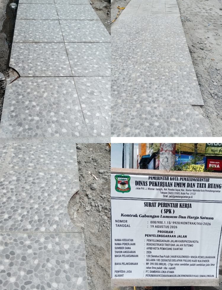 Proyek Jalan Sutomo Siantar yang masih dikerjakan keramik nya sudah pecah dan sompel. ( Herry Sinaga )