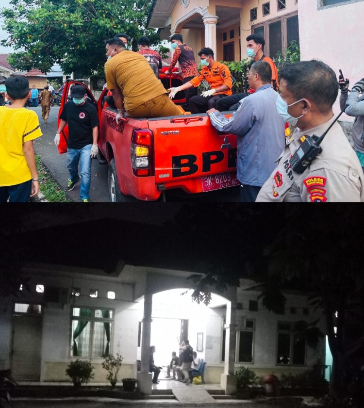 Kolase gambar atas saat jenazah mau dievakuasi kerumah sakit dan gambar bawah suasana saat dirumah sakit. ( Herry Sinaga )